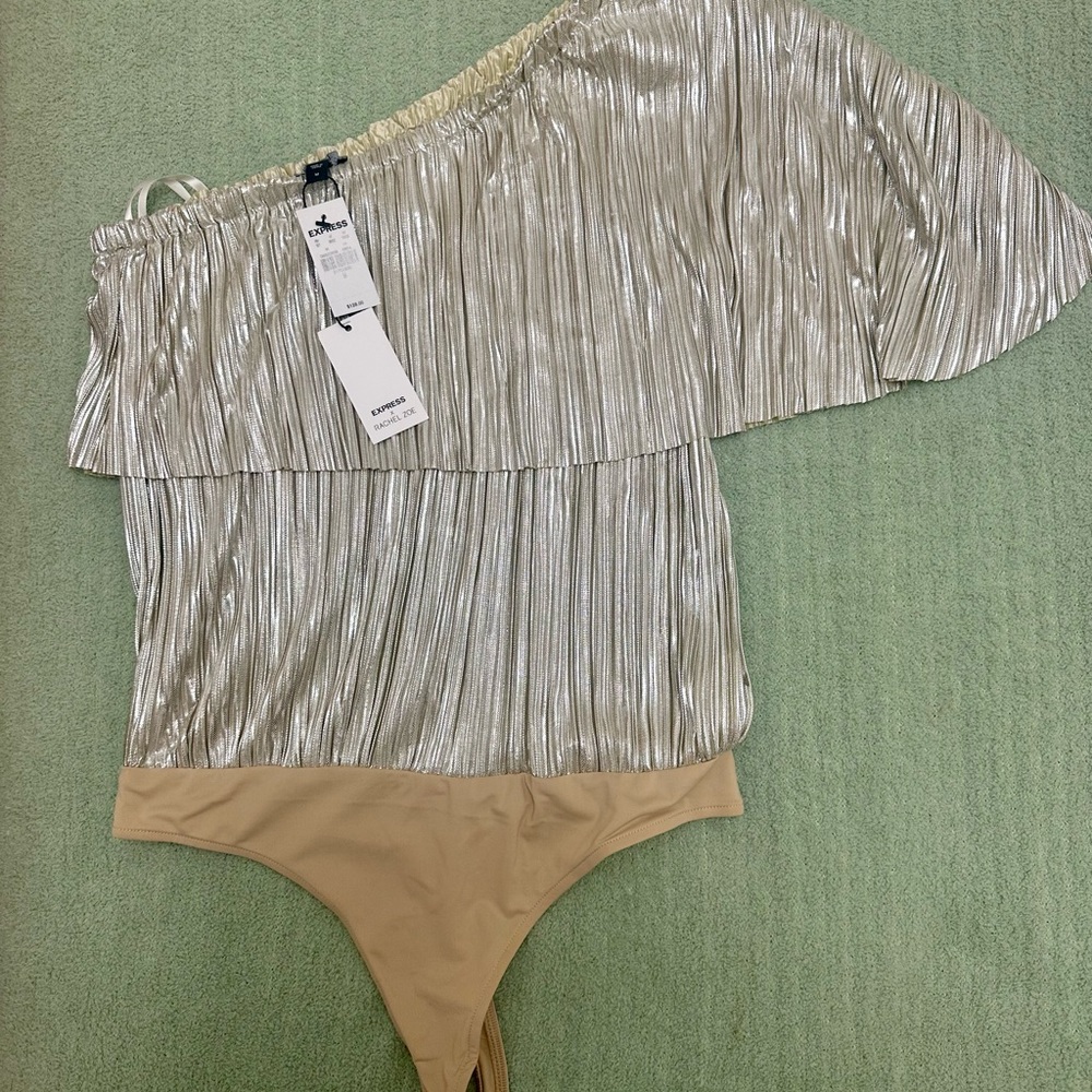 Express x Rachel Zoe Metallic Silver Off-Shoulder Bodysuit